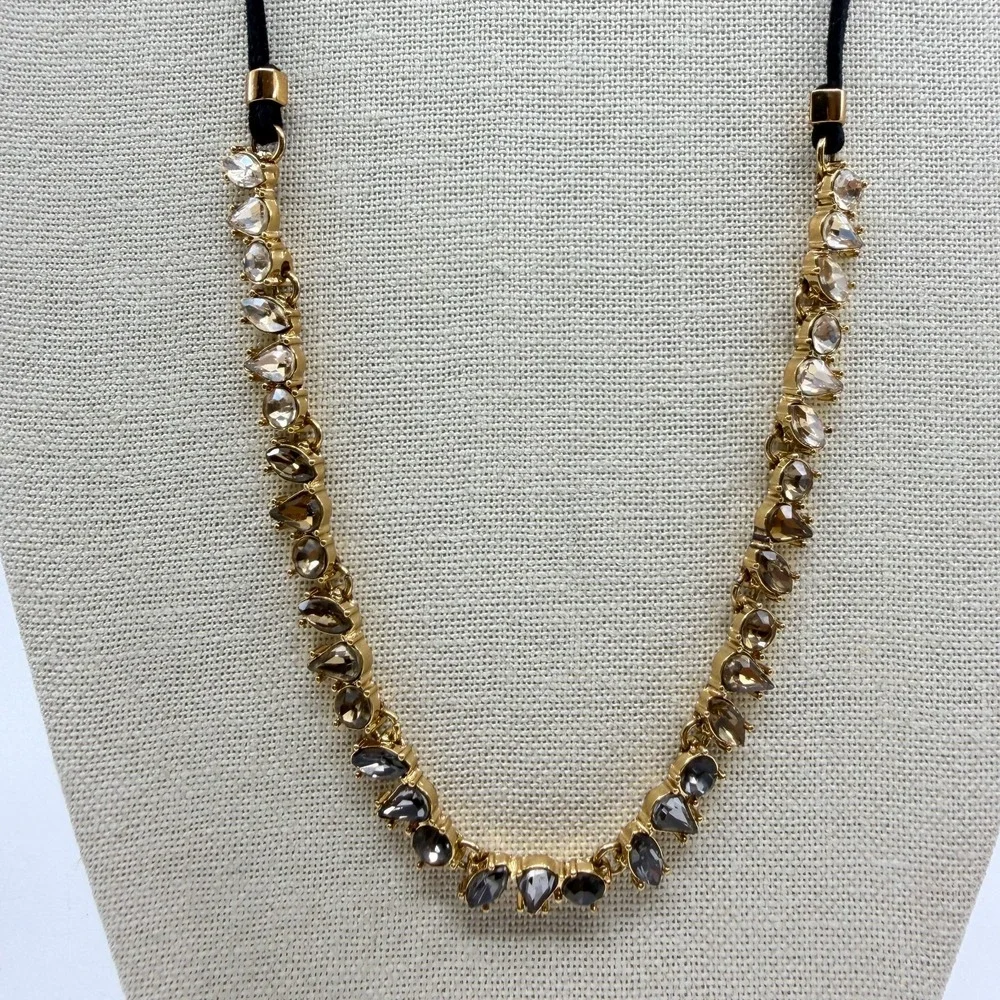 Gold Tone Smoky Gray Champagne Faceted Crystal Teardrop Cord Statement Necklace